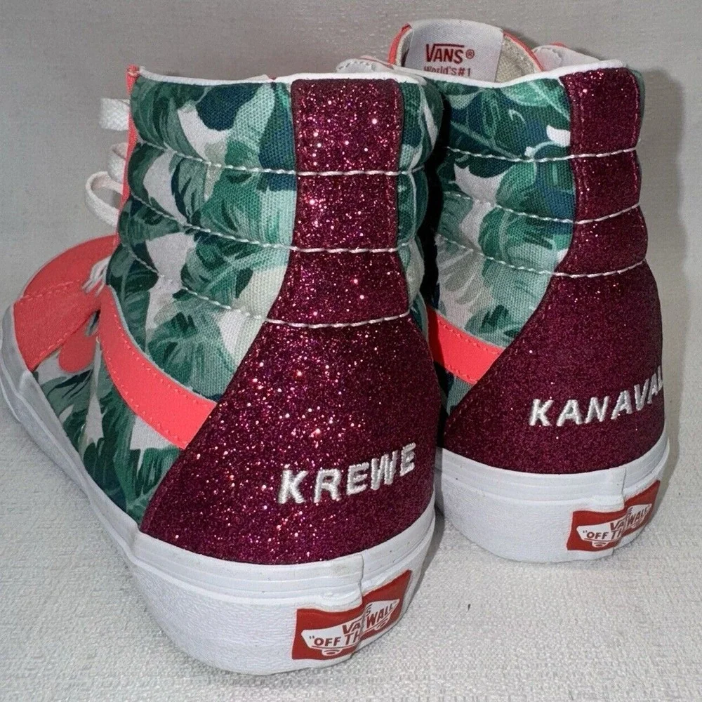 Vans Sk8-Hi High Top Women 7.5 Pink Tropical Leaf Glitter Krewe Kanaval Skater‎